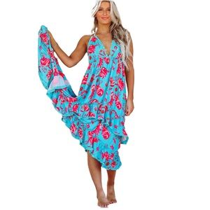 Unbranded Beachy Brilliance Maxi SunDress Floral Halter Top Ruffle Turquoise S